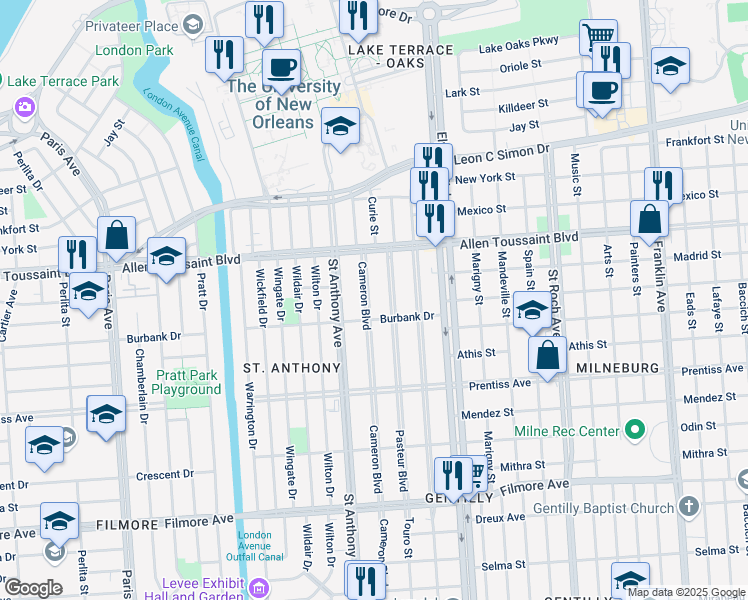 map of restaurants, bars, coffee shops, grocery stores, and more near 6006 Cameron Boulevard in New Orleans