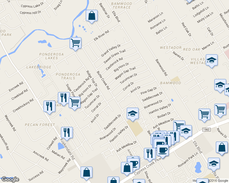 map of restaurants, bars, coffee shops, grocery stores, and more near 1722 Corral Drive in Houston