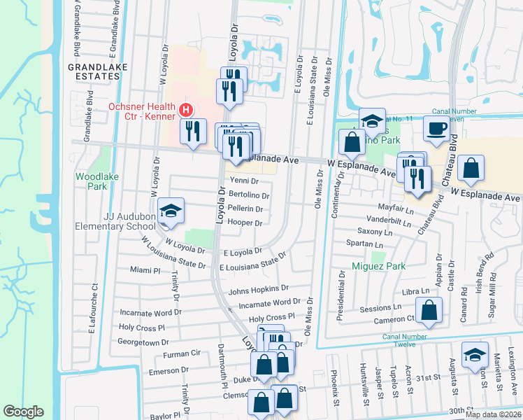 map of restaurants, bars, coffee shops, grocery stores, and more near 453 Pellerin Drive in Kenner