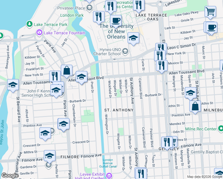 map of restaurants, bars, coffee shops, grocery stores, and more near 6016 Wickfield Drive in New Orleans