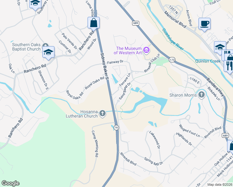 map of restaurants, bars, coffee shops, grocery stores, and more near 531 Sand Bend Drive in Kerrville