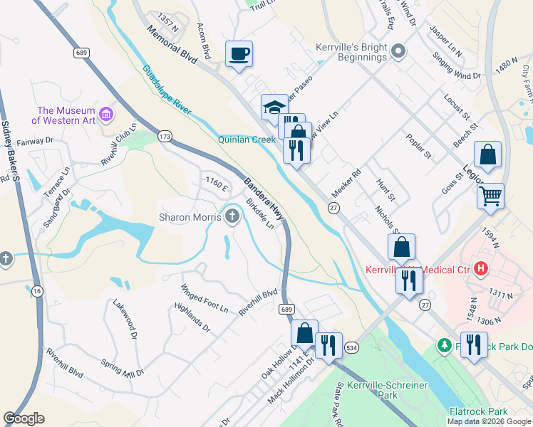 map of restaurants, bars, coffee shops, grocery stores, and more near 2416 Birkdale Lane in Kerrville