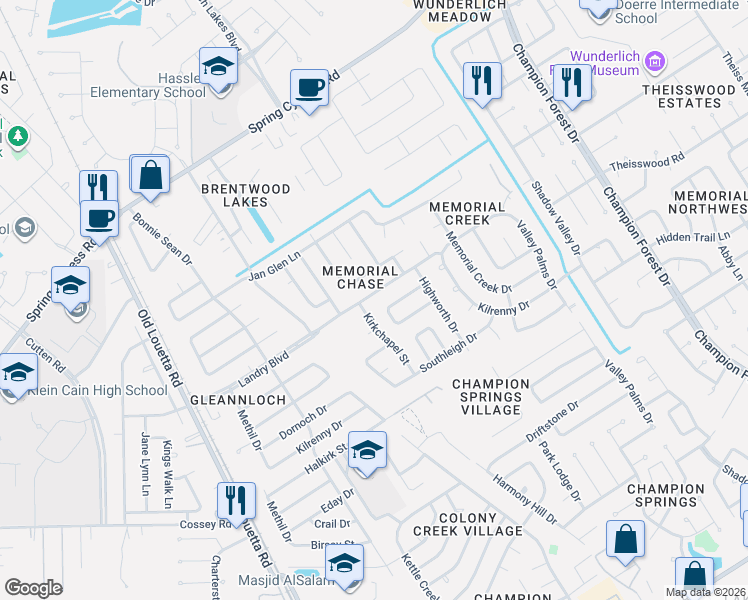 map of restaurants, bars, coffee shops, grocery stores, and more near 9214 Kirkleigh Lane in Spring