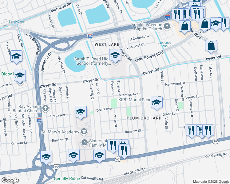 map of restaurants, bars, coffee shops, grocery stores, and more near 4901 Pecan Street in New Orleans