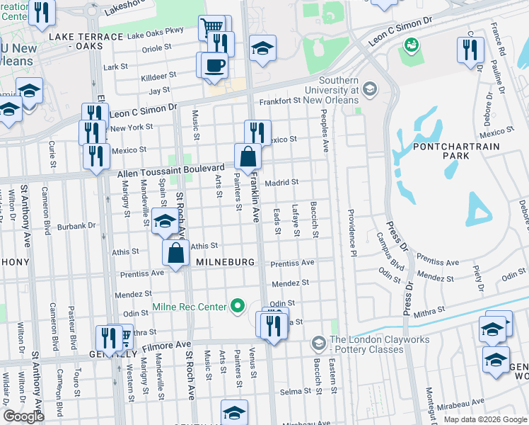 map of restaurants, bars, coffee shops, grocery stores, and more near 2619 Pressburg Street in New Orleans