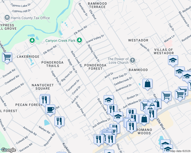 map of restaurants, bars, coffee shops, grocery stores, and more near 1702 Anvil Drive in Houston