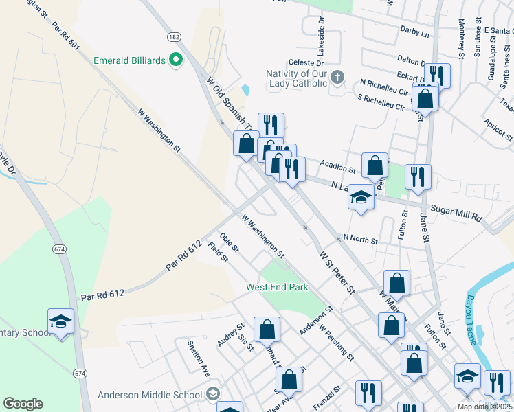 map of restaurants, bars, coffee shops, grocery stores, and more near 210 Woodcrest Circle in New Iberia