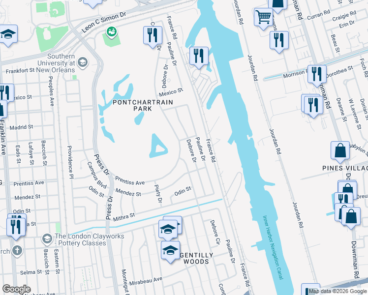 map of restaurants, bars, coffee shops, grocery stores, and more near 5651 Congress Drive in New Orleans