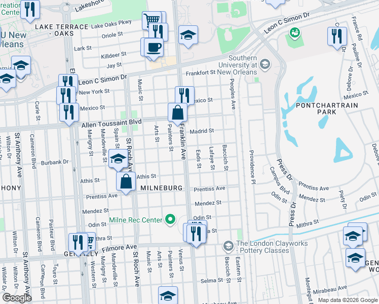 map of restaurants, bars, coffee shops, grocery stores, and more near 2619 Pressburg Street in New Orleans