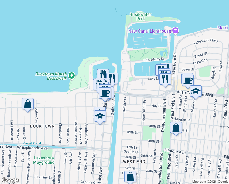 map of restaurants, bars, coffee shops, grocery stores, and more near 1732 Orpheum Avenue in Metairie