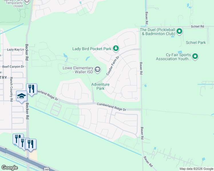 map of restaurants, bars, coffee shops, grocery stores, and more near 31403 Dell Valley Lane in Hockley