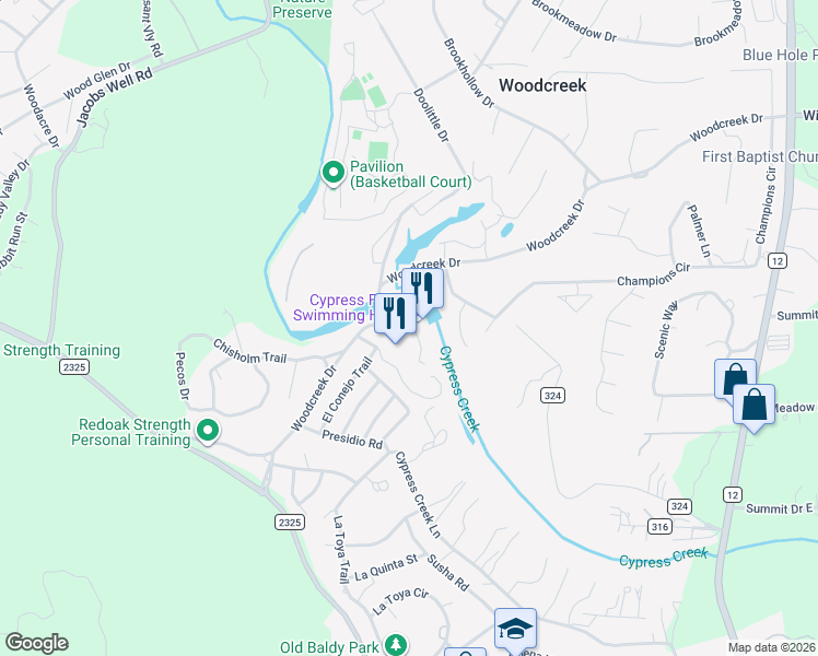 map of restaurants, bars, coffee shops, grocery stores, and more near 21 Marina Circle in Wimberley