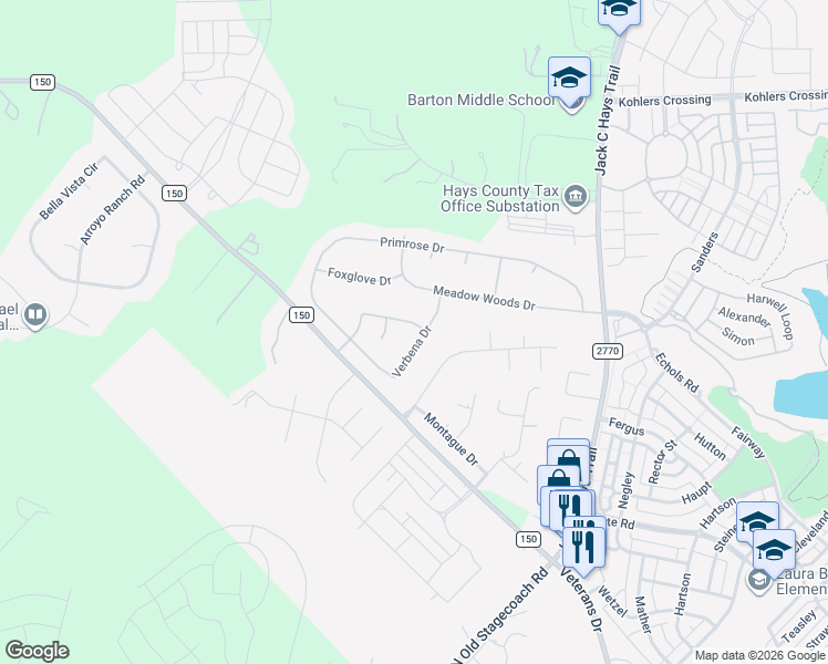 map of restaurants, bars, coffee shops, grocery stores, and more near 322 Verbena Drive in Kyle