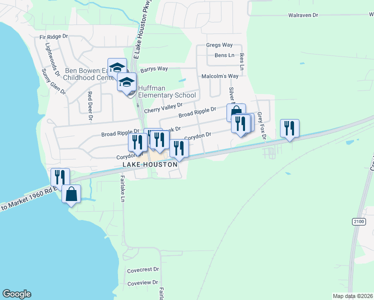 map of restaurants, bars, coffee shops, grocery stores, and more near 11243 Farm to Market 1960 in Huffman