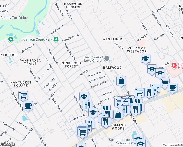 map of restaurants, bars, coffee shops, grocery stores, and more near 1515 Pine Gap Drive in Houston