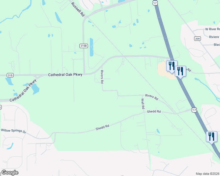 map of restaurants, bars, coffee shops, grocery stores, and more near 1582 Rivers Road in Green Cove Springs