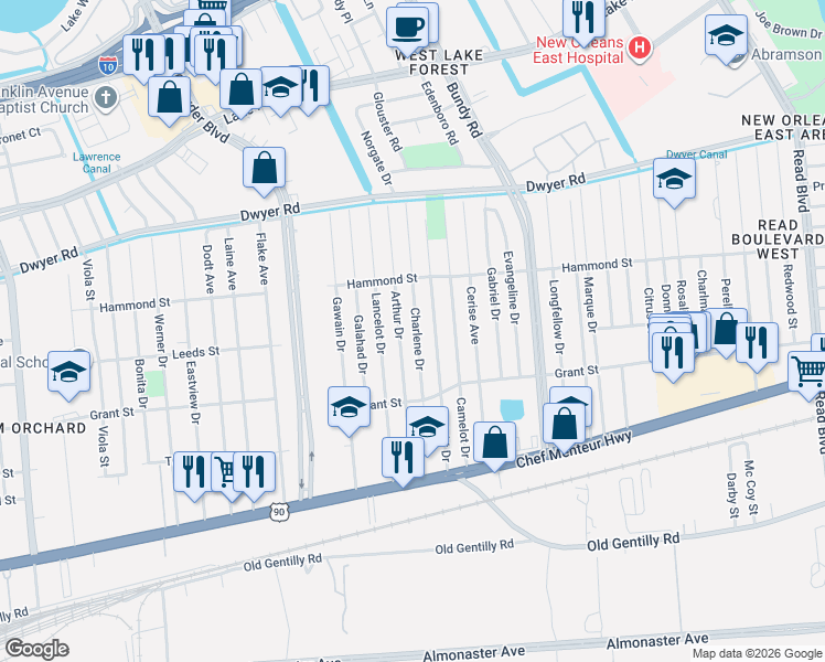 map of restaurants, bars, coffee shops, grocery stores, and more near 4677 Charlene Drive in New Orleans