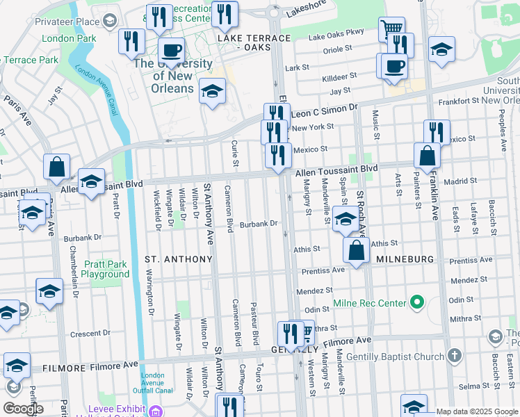 map of restaurants, bars, coffee shops, grocery stores, and more near 6005 Pasteur Boulevard in New Orleans