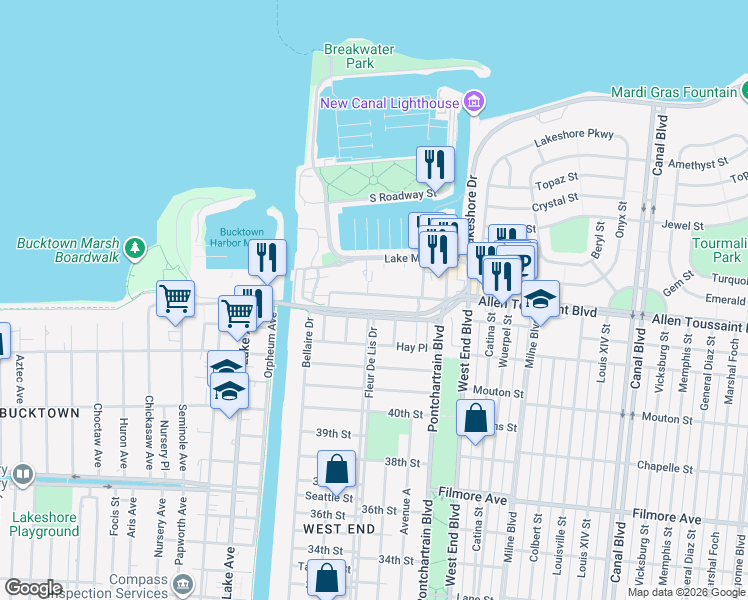 map of restaurants, bars, coffee shops, grocery stores, and more near 309 New Orleans-Hammond Highway in New Orleans