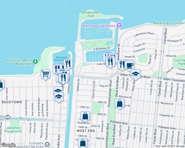 map of restaurants, bars, coffee shops, grocery stores, and more near 7041 Roy Street in New Orleans