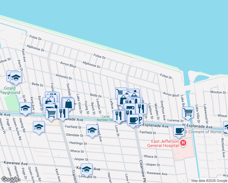 map of restaurants, bars, coffee shops, grocery stores, and more near 4701 Belle Drive in Metairie