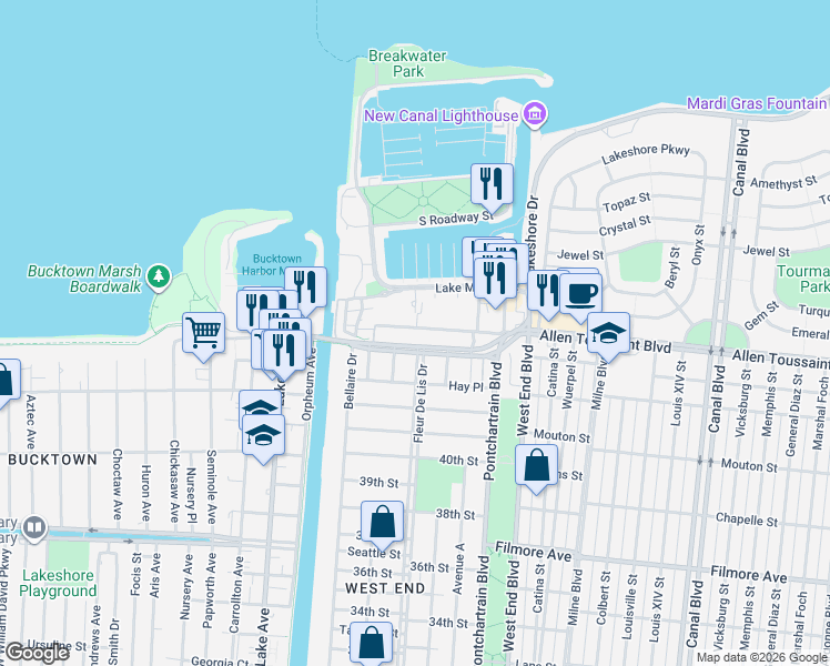 map of restaurants, bars, coffee shops, grocery stores, and more near 7041 Roy Street in New Orleans