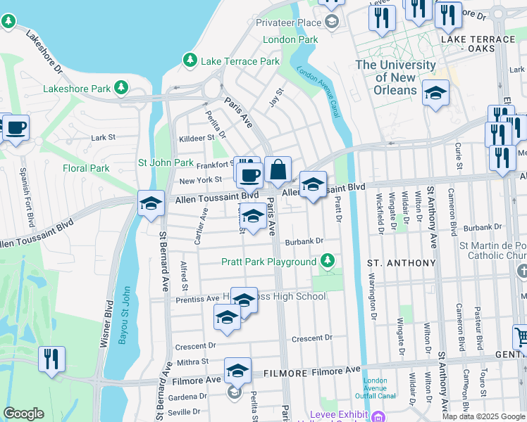 map of restaurants, bars, coffee shops, grocery stores, and more near 1532 Allen Toussaint Boulevard in New Orleans