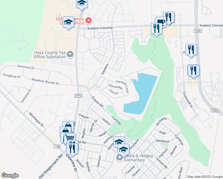 map of restaurants, bars, coffee shops, grocery stores, and more near 1518 Harwell Loop in Kyle