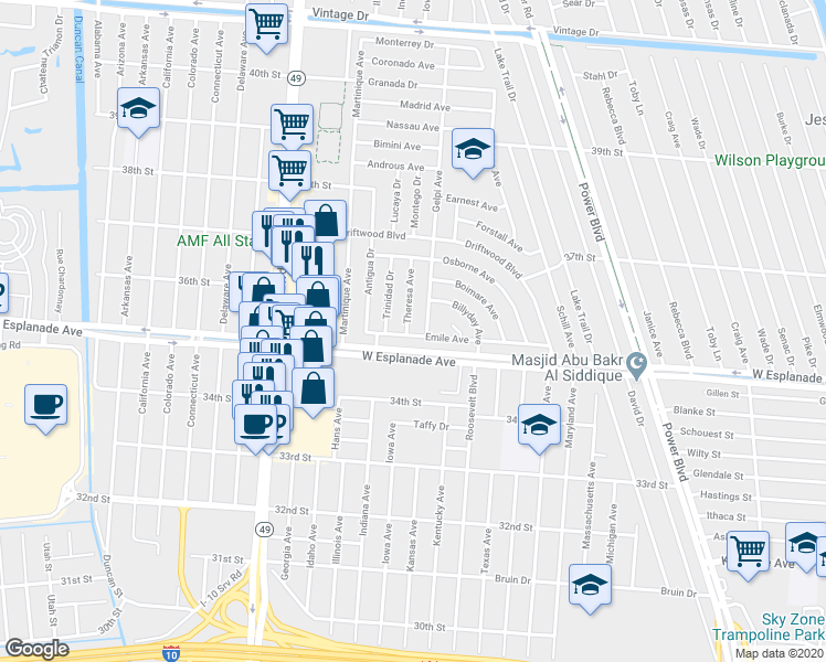map of restaurants, bars, coffee shops, grocery stores, and more near 54 Emile Avenue in Kenner