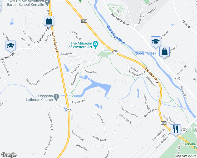 map of restaurants, bars, coffee shops, grocery stores, and more near 549 Fairway Drive in Kerrville