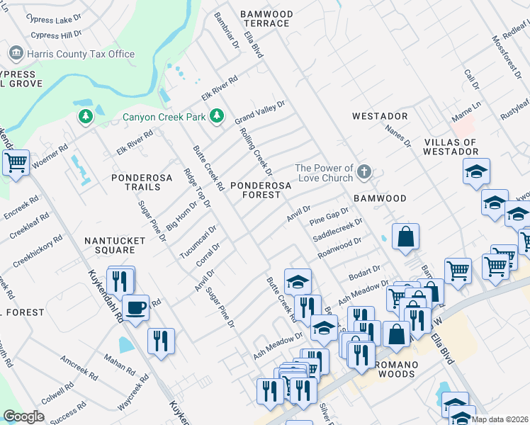 map of restaurants, bars, coffee shops, grocery stores, and more near 1702 Anvil Drive in Houston