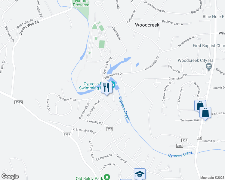 map of restaurants, bars, coffee shops, grocery stores, and more near 33 Marina Circle in Wimberley