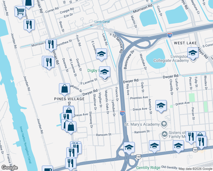 map of restaurants, bars, coffee shops, grocery stores, and more near 4832 Majestic Oaks Drive in New Orleans