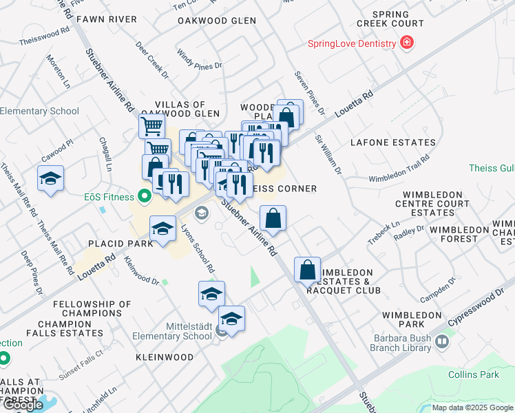 map of restaurants, bars, coffee shops, grocery stores, and more near 16602 Stuebner Airline Road in Spring