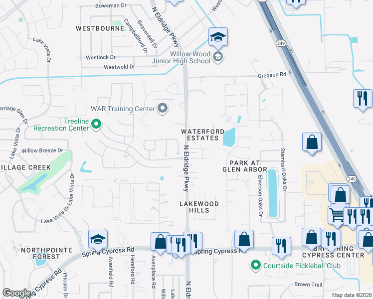 map of restaurants, bars, coffee shops, grocery stores, and more near 17748 North Eldridge Parkway in Tomball