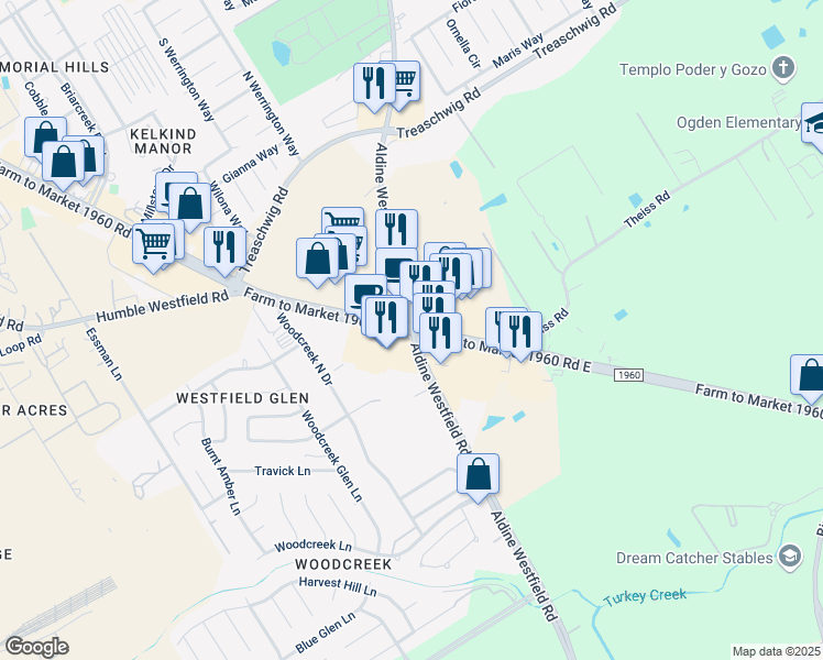 map of restaurants, bars, coffee shops, grocery stores, and more near FM 1960 & Aldine Westfield Rd in Houston