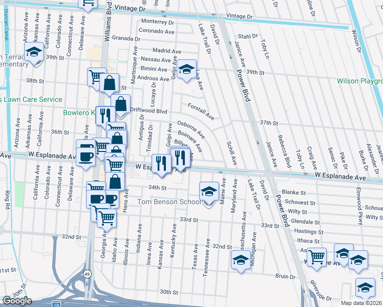 map of restaurants, bars, coffee shops, grocery stores, and more near 17 Billyday Avenue in Kenner