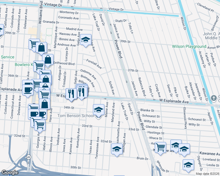 map of restaurants, bars, coffee shops, grocery stores, and more near 22 Schill Avenue in Kenner
