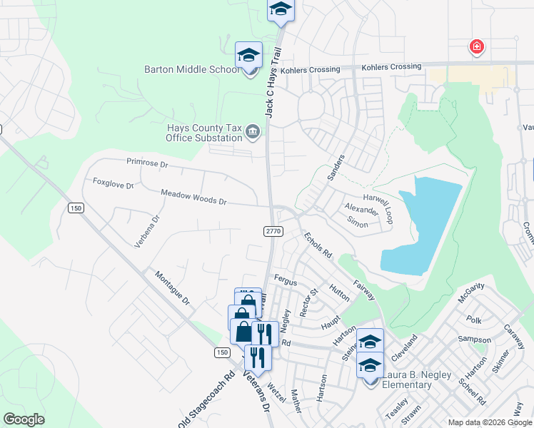 map of restaurants, bars, coffee shops, grocery stores, and more near 100 Primrose Drive in Kyle