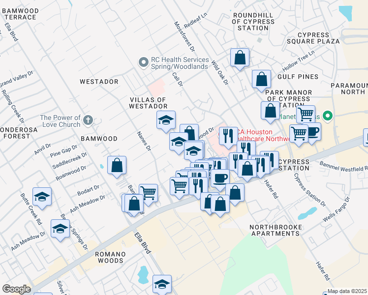 map of restaurants, bars, coffee shops, grocery stores, and more near 17309 Red Oak Drive in Houston
