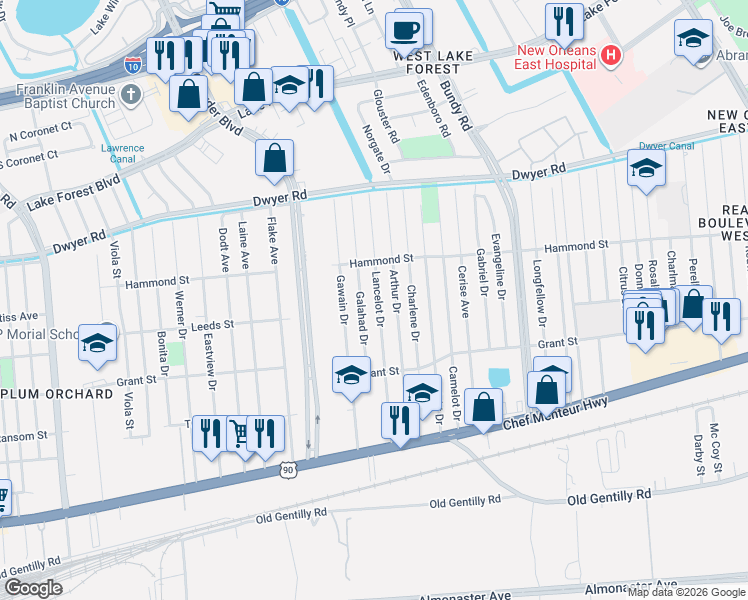 map of restaurants, bars, coffee shops, grocery stores, and more near 4759 Lancelot Drive in New Orleans