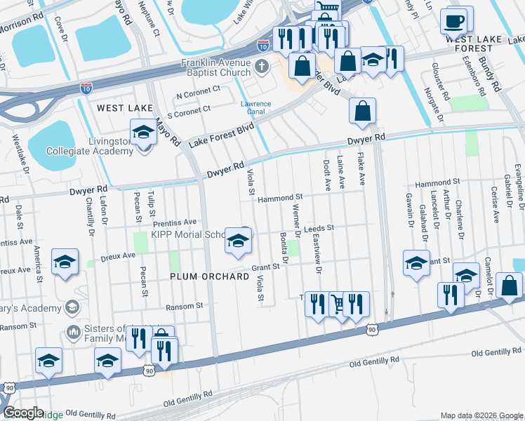 map of restaurants, bars, coffee shops, grocery stores, and more near 4801 Francisco Verrette Drive in New Orleans