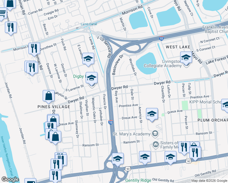 map of restaurants, bars, coffee shops, grocery stores, and more near 5008 Basinview Drive in New Orleans