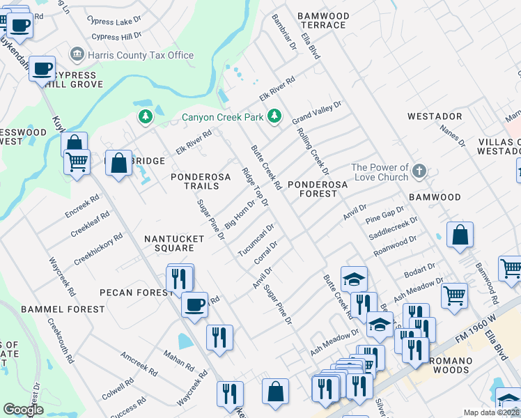 map of restaurants, bars, coffee shops, grocery stores, and more near 1802 Big Horn Drive in Houston