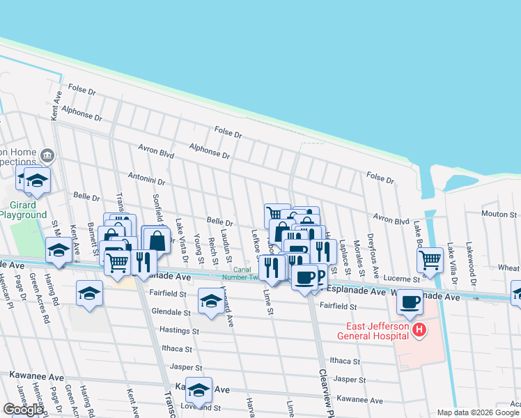 map of restaurants, bars, coffee shops, grocery stores, and more near 4709 Tabony Street in Metairie