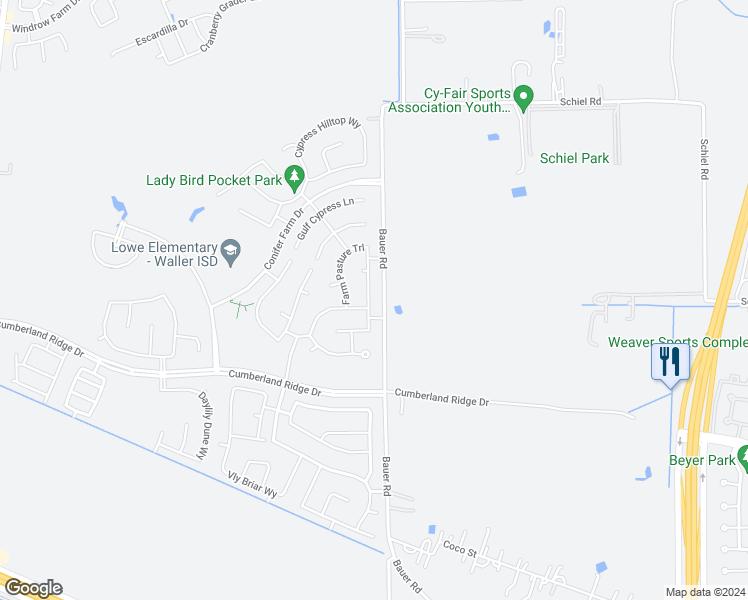 map of restaurants, bars, coffee shops, grocery stores, and more near 17406 Tidewater Cypress Trail in Hockley