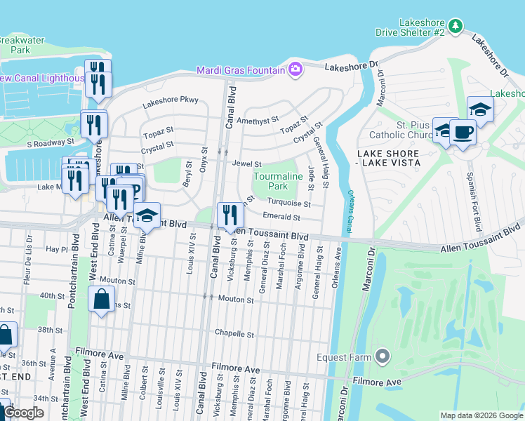 map of restaurants, bars, coffee shops, grocery stores, and more near 747 Emerald Street in New Orleans