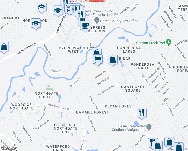 map of restaurants, bars, coffee shops, grocery stores, and more near 2406 Encreek Road in Houston