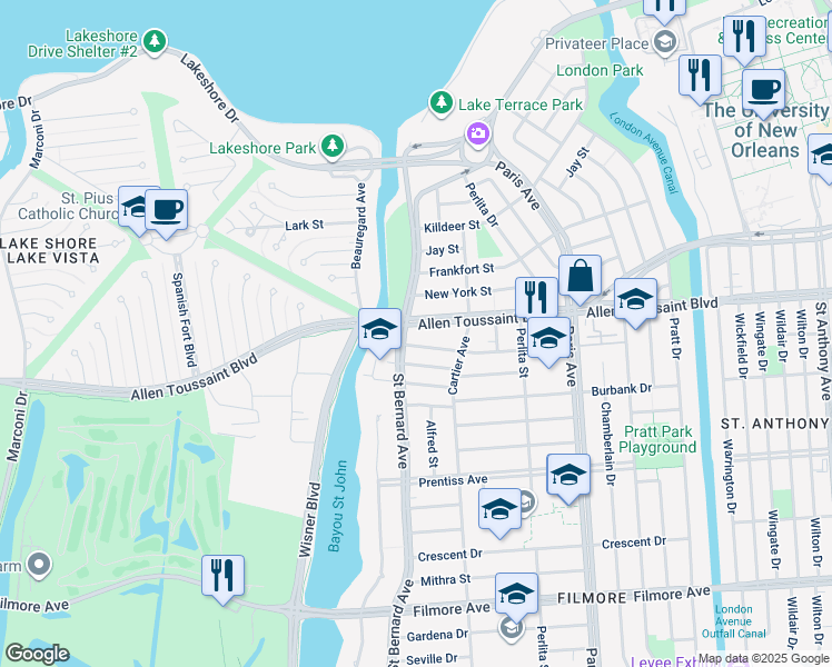 map of restaurants, bars, coffee shops, grocery stores, and more near 1315 Robert E Lee Boulevard in New Orleans