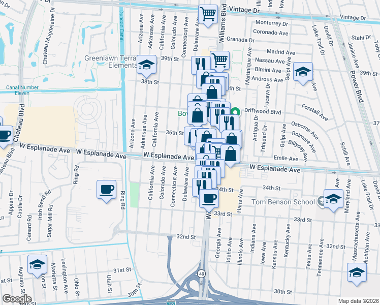 map of restaurants, bars, coffee shops, grocery stores, and more near 3525 Delaware Avenue in Kenner